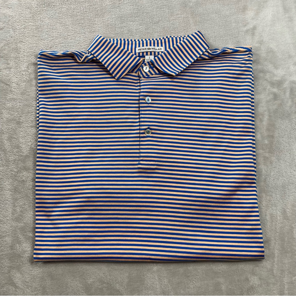 Peter Millar Orange Blue Striped Polo Shirt Men's Sz L